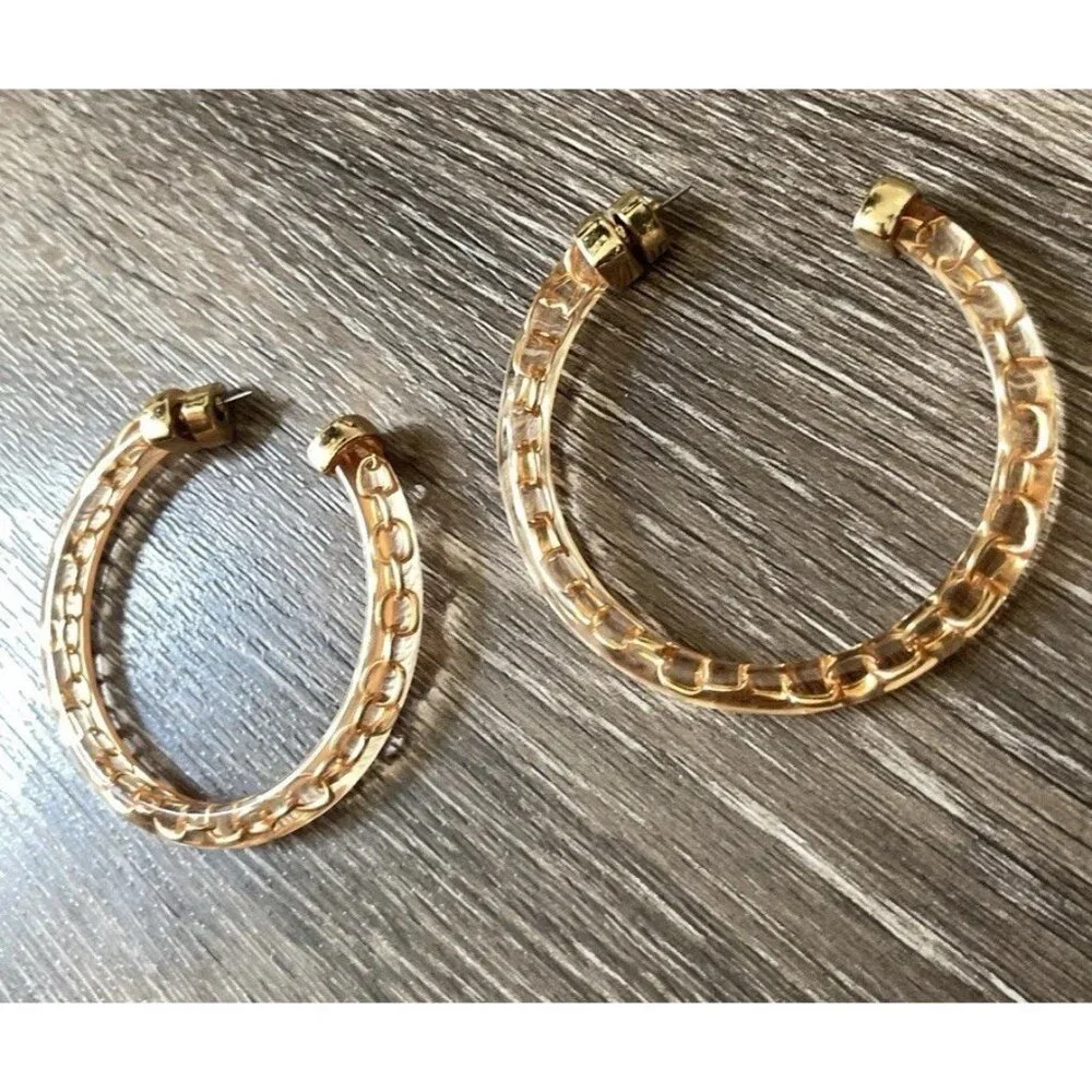Vintage 80’s Largo Gold Tone Hoop Dangle Earrings Poured Lucite Statement Sz 3”